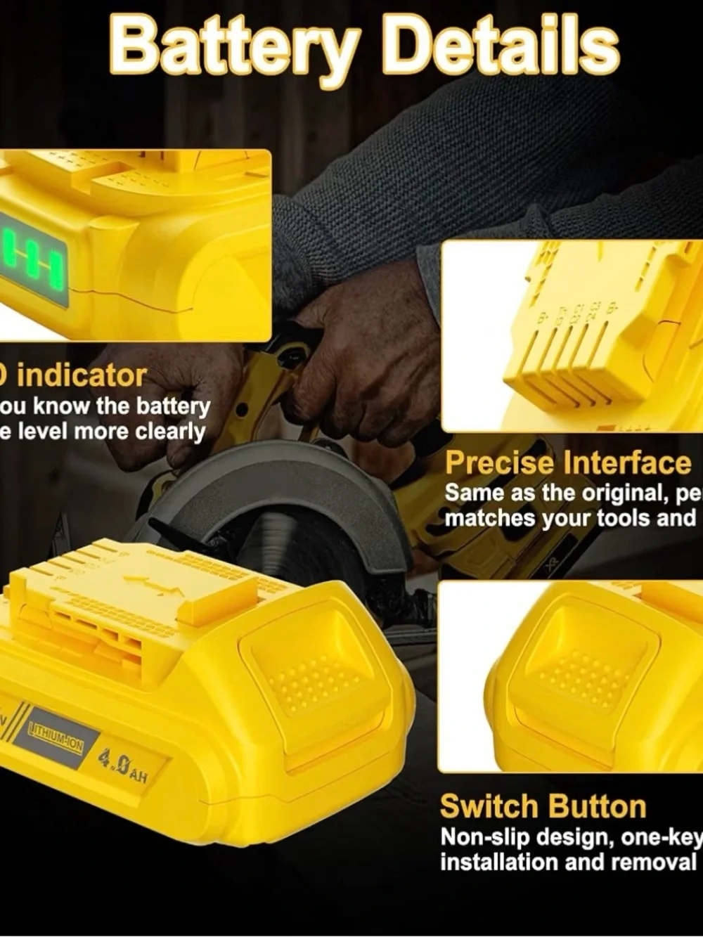 20V Yellow Lithium-Ion 4.0Ah Replacement Battery Pack - fits Dewalt 20V Max